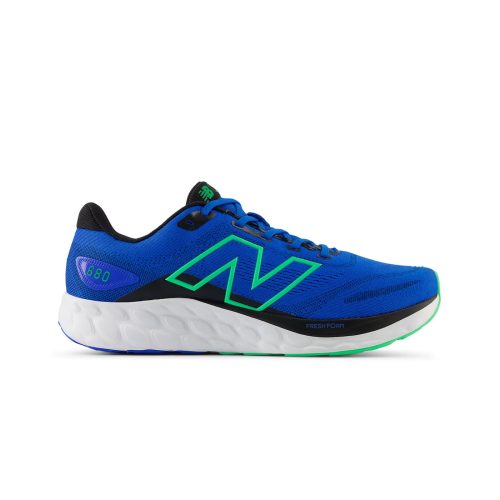 A New Balance NEW BALANCE 680V8 BLUE OASIS/LIME LEAF/BLACK/WHITE - MENS athletic shoe with a green logo, green sole accents, and a cushioned midsole. The shoe features black details and a knit upper for breathability.