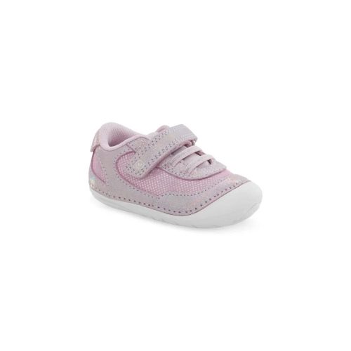 A single STRIDE RITE SM JAZZY PURPLE MULTI - KIDS shoe by Stride Rite with a velcro strap, white sole, and perforated side details, perfect for rookie walkers. Displayed against a white background.