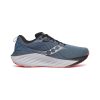 Side view of a blue athletic running shoe with a white and red sole, featuring a black tongue and laces. The SAUCONY TRIUMPH 22 MIRAGE/BLACK - MENS branding is proudly displayed on the side alongside the PWRRUN PB cushioning for enhanced performance.