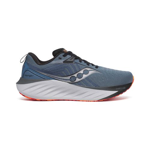 Side view of a blue athletic running shoe with a white and red sole, featuring a black tongue and laces. The SAUCONY TRIUMPH 22 MIRAGE/BLACK - MENS branding is proudly displayed on the side alongside the PWRRUN PB cushioning for enhanced performance.