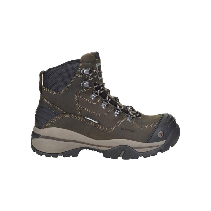 A gray, high-ankle hiking boot with black details, rugged sole, and lace-up closure viewed from the side against a white background. Perfectly designed as men's work boots, these Carolina CAROLINA COMPOSITE TOE FLAGSTONE 6 INCH WATERPROOF HIKER GRAY - MENS offer durability and style for tough outdoor activities.