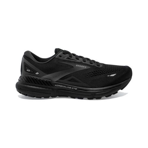 Black running shoe with mesh upper, lace-up closure, lighter cushioning in the midsole for a smooth ride, and the brand "Brooks" with model name "BROOKS ADRENALINE GTS 23 BLACK/BLACK/EBONY - MENS" in grey on the side.