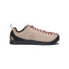 Tan KEEN JASPER LACE OXFORD SLIVER MINK - MENS outdoor shoe with red laces, black accents, and a black sole, viewed from the side. The climbing-inspired Keen sneaker has a low-cut design, offers exceptional comfort, and features a pull tab at the heel.