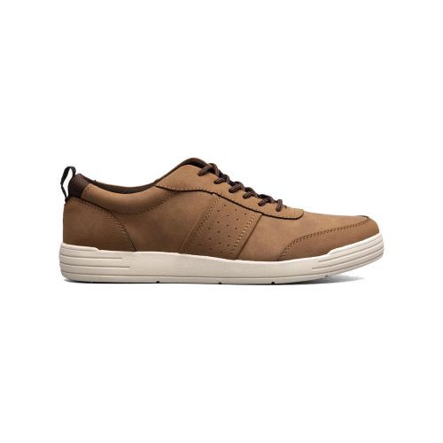 Experience the Nunn Bush KORE City Walk Court Oxford U Bal Tan Multi - Mens, showcasing a stylish side view of a brown casual sneaker with black laces and a white sole, enhanced for ultimate comfort with its Comfort Gel footbed.