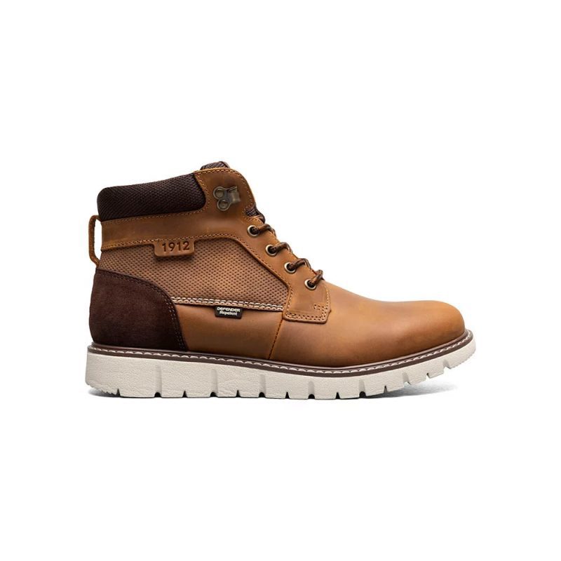 The Nunn Bush Karnak Plain Toe Boot in tan, with a high-top design, brown accents, white sole, lace-up front, and "1912" embossed on the side—perfect for modern boots that cater to all your outdoor adventures.