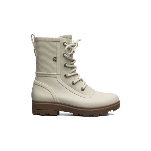 A BOGS HOLLY RAIN LACE TALL OATMEAL - WOMENS beige lace-up boot with a high ankle and brown sole, featuring rugged tread, a pull tab on the back, and BOGS Rebound Cushioning for added comfort by Bogs.