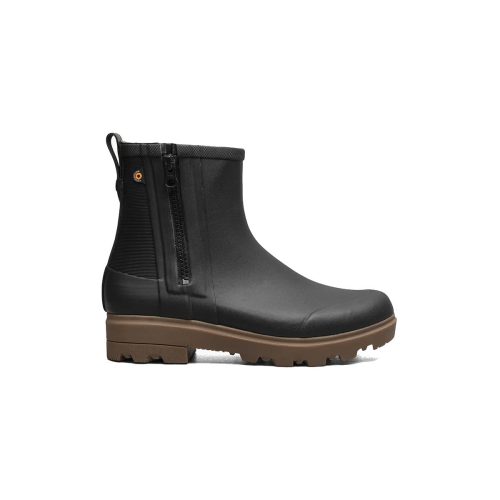 A Bogs BOGS HOLLY RAIN ZIP BLACK - WOMENS with a brown sole, Bloom Algae footbeds, and a side zipper on a white background.