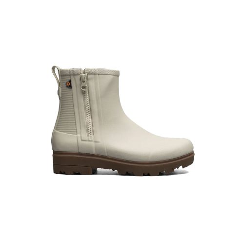 A Bogs BOGS HOLLY RAIN ZIP OATMEAL - WOMENS with a side zipper and pull tab, featuring BOGS Rebound Cushioning and a brown ridged sole for added comfort.