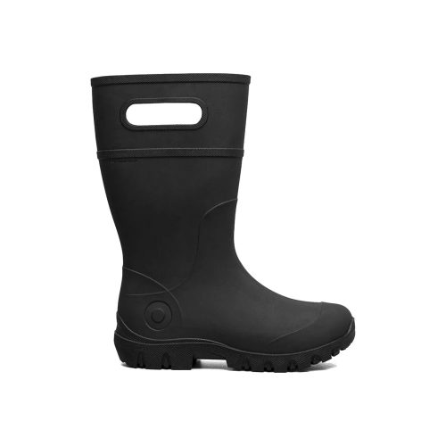 A single, black Bogs BOGS ESSENTIAL RAIN TALL BLACK - KIDS with seamless construction, a solid sole, circular design near the heel, and a handle on the upper part. Perfect for kids' waterproof adventures!