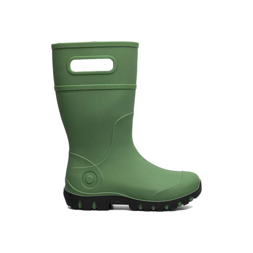 Green rubber boot with black sole, seamless construction, side handles for easy carrying, and a rounded toe design. These waterproof kids boots also feature Bloom Algae footbeds for added comfort. Introducing the BOGS ESSENTIAL RAIN TALL GRASS - KIDS by Bogs.