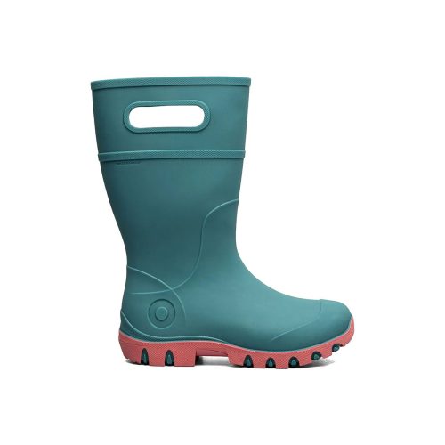 A single teal rubber rain boot with a built-in handle, red sole, and textured black treads, viewed from the side, featuring space-age seamless construction, the BOGS ESSENTIAL RAIN TALL TURQUOISE - KIDS by Bogs.