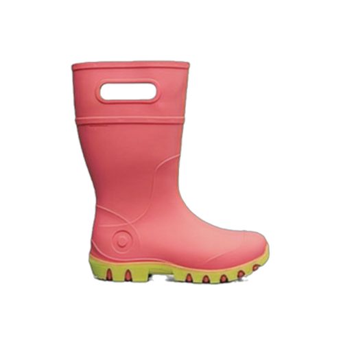 A Bogs BOGS ESSENTIAL RAIN TALL PINK - KIDS with green soles, integrated side handles, and Bloom Algae footbeds for extra comfort.