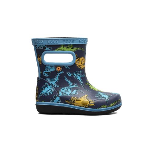 A blue children's rain boot, the BOGS SKIPPER II SUPER DINO NAVY - KIDS by Bogs, features colorful dinosaur prints and side handles for easy pulling on and off. Perfect for adventurous kids!