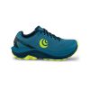 Blue and yellow TOPO ULTRAVENTURE 3 BLUE/LIME- MENS trail runners with a cushioned sole, black trim, and a wavy logo on the side, featuring the durable Vibram® XS Trek EVO outsole by Topo.