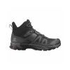 The SALOMON X ULTRA 4 MID GTX BLACK/MAGNET/PEARL BLUE – MENS features rugged soles and a lace-up closure, designed to tackle technical terrain. This black outdoor hiking boot prominently displays the Salomon brand name on the side and includes GORE-TEX technology for added waterproof protection.