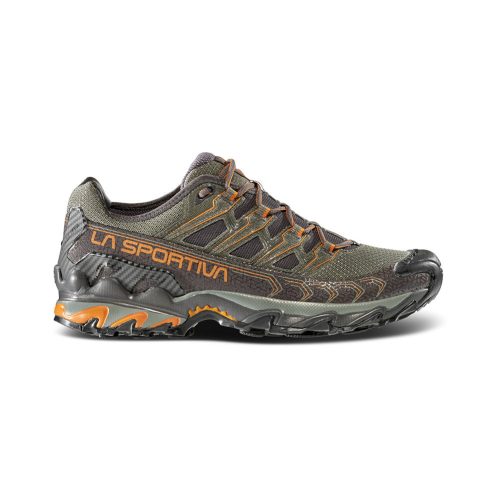 Gray and orange La Sportiva Ultra Raptor II Carbon/Hawaiian Sun men's Mountain Running shoe with an ultra sticky rubber outsole, positioned against a white background.