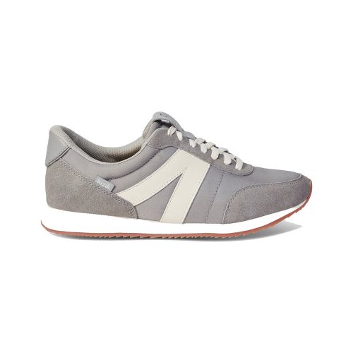 A side view of a gray and white athletic shoe with a rubber sole, white laces, and effortlessly comfortable sneakers featuring a spring-back heel. The shoe in question is the Kizik KIZIK MILAN STEP IN OXFORD GRANITE - MENS.