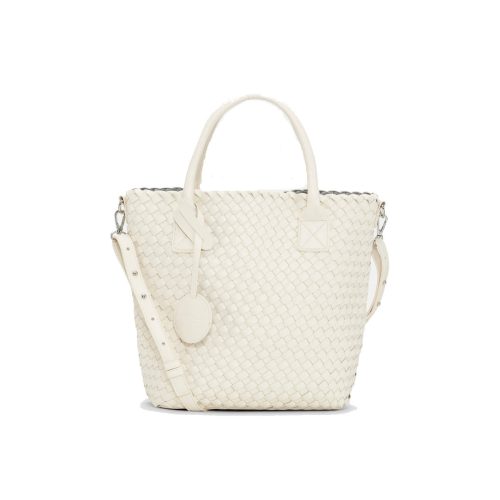 Ilse Jacobsen white faux-leather handbag with a woven texture, featuring top handles, a detachable strap, and an oval tag. A versatile choice for any occasion.