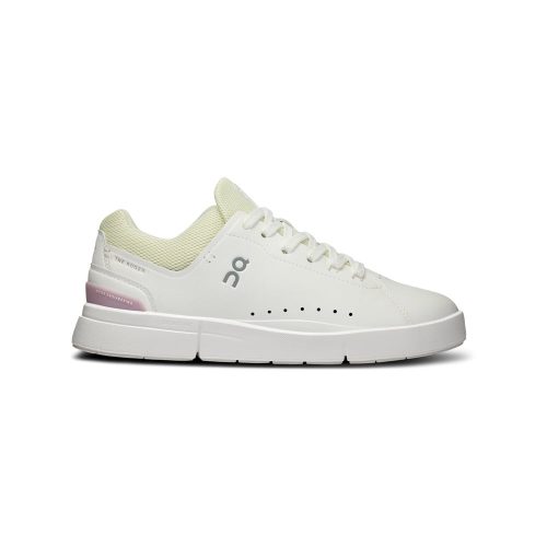 A white athletic shoe with the brand logo "On" on the side, featuring CloudTec® cushioning, a cushioned sole, pink heel accent, perforated design, TPU-injected Speedboard® for added stability, and white laces—introducing the ON THE ROGER ADVANTAGE WHITE/MAUVE - WOMENS by On Running.