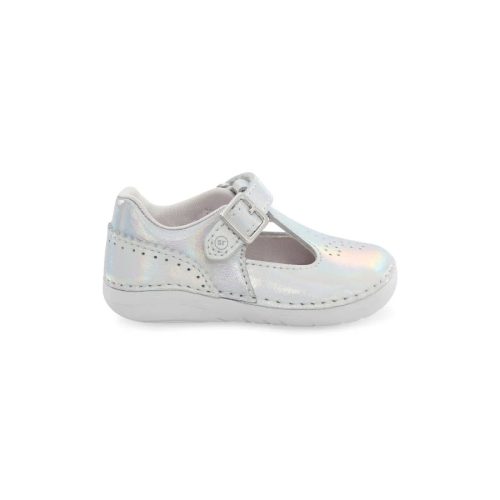 A single STRIDE RITE SM LUCIANNE IRIDESCENT - KIDS by Stride Rite with a T-strap design, iridescent white finish, and buckle closure, featuring Mary Jane styling and viewed from the side.