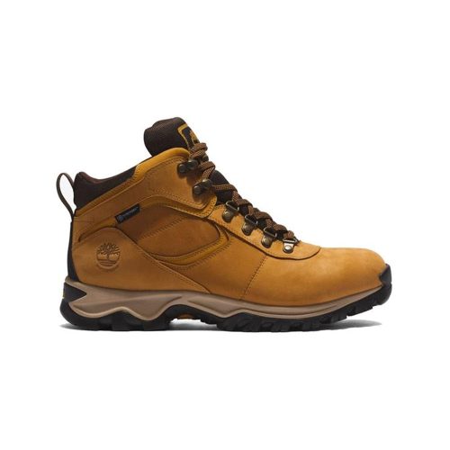 A single TIMBERLAND MT. MADDSEN MID LEATHER WATERPROOF WHEAT - MENS with a black durable sole, lace-up closure, and ankle support. Featuring anti-fatigue comfort technology, the Timberland logo is embossed on the side of the boot.