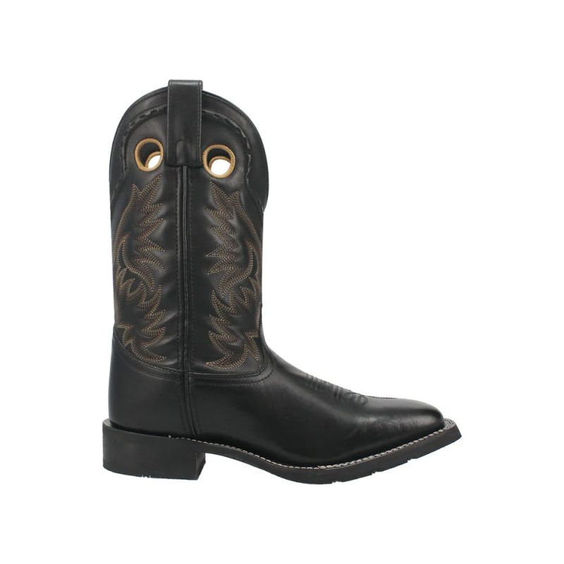 These men's western boots feature intricate stitching patterns and two large gold eyelets near the top. The Dan Post boots have a low heel and a convenient pull-on design, perfect for any cowboy looking for style and comfort.