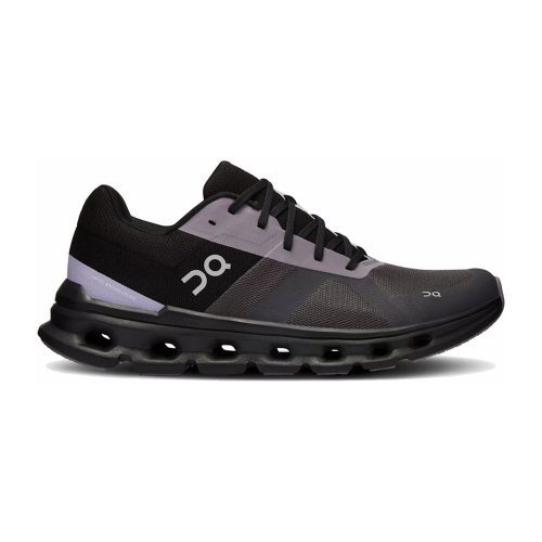 The ON Cloudrunner Iron/Black men's athletic shoe from On Running features a black and grey mesh upper, branded with the letters "OQ" on the side, and boasts a unique Swiss-engineered cushioned sole design for an exceptional Cloudrunner ride.