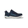 A dark blue Hoka BONDI 7 OUTERSPACE/WHITE - MENS with light blue accents and a thick white sole, displayed in a side view, featuring Meta-Rocker technology.