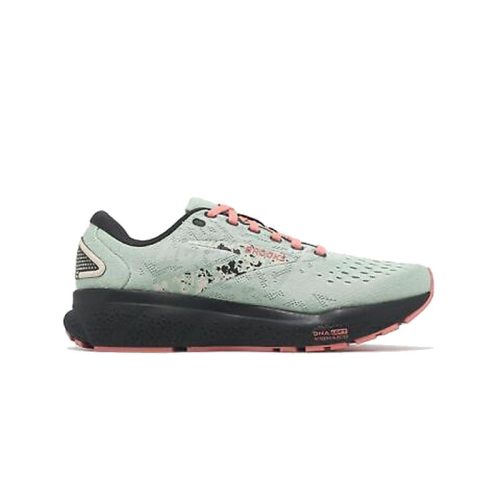 The Brooks Ghost 16 Surf/Flower/Whitecap women's running shoe features a light gray design with pink laces, black accents, and a black sole, offering improved cushioning for ultimate comfort.